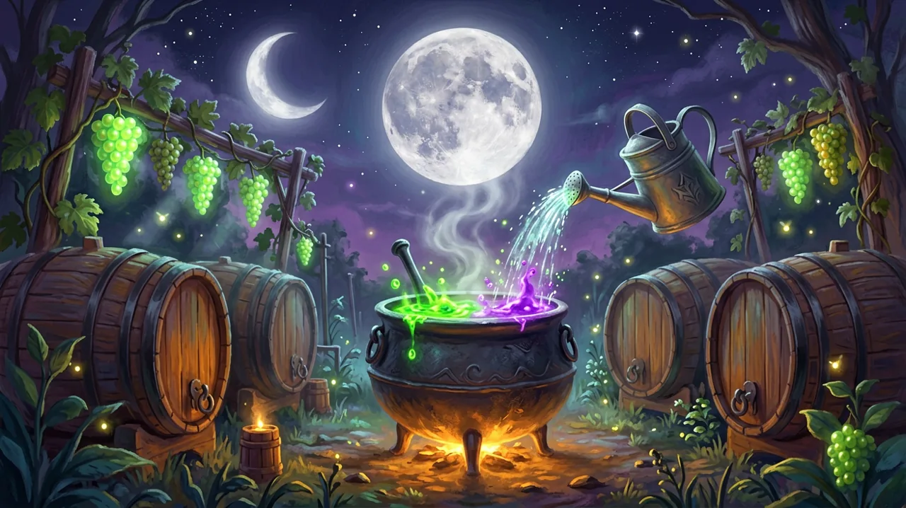 A glowing magical cauldron bubbling in a gothic witch's workshop next to massive wooden wine barrels and luminous crops under the moonlight.
