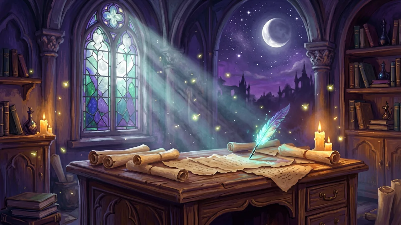 A cozy gothic study room bathed in moonlight, featuring a writing desk with scattered parchment and a glowing quill.
