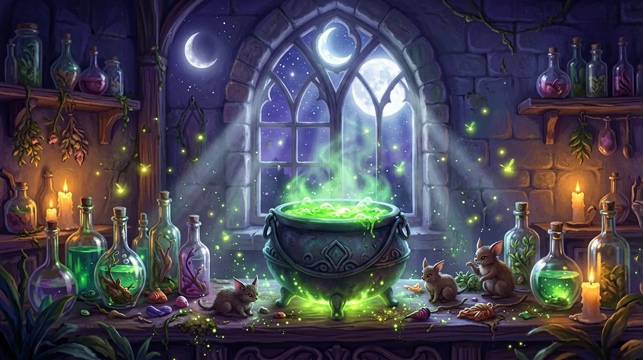 A cozy gothic witch workshop at night with a bubbling cauldron and scattered glowing ingredients.