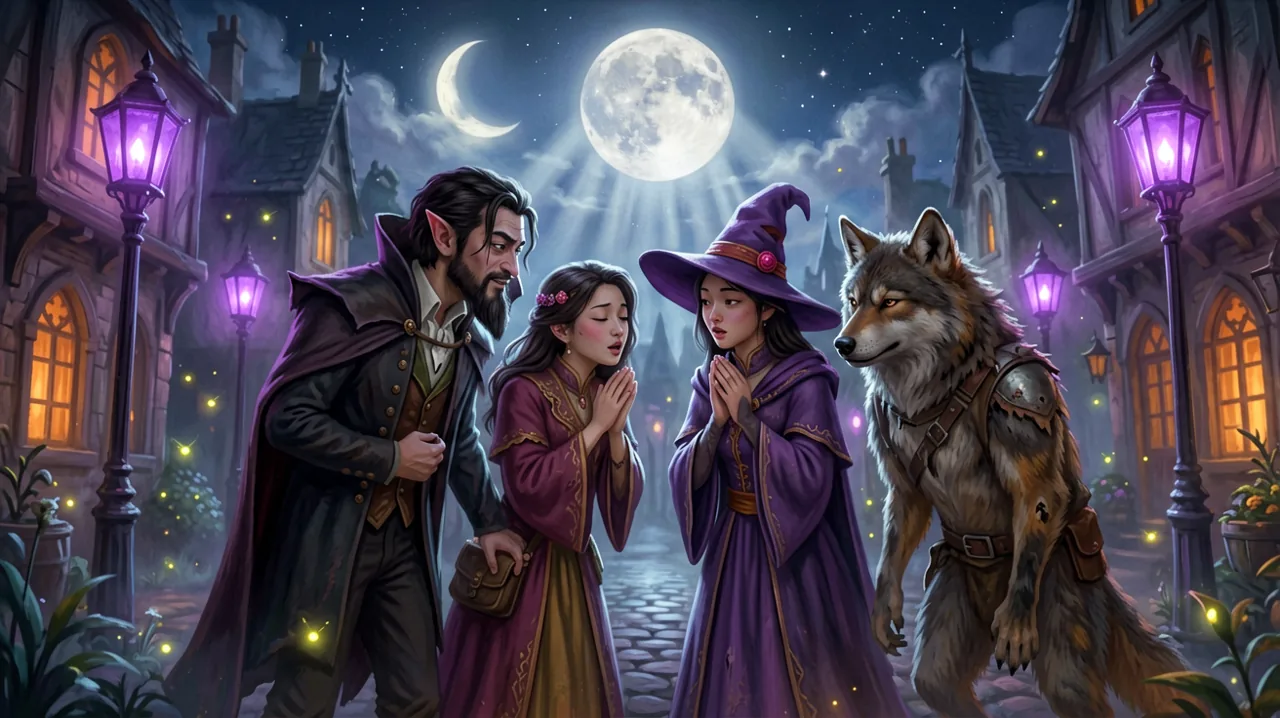 A group of supernatural characters whispering in a gothic town square under the moonlight.