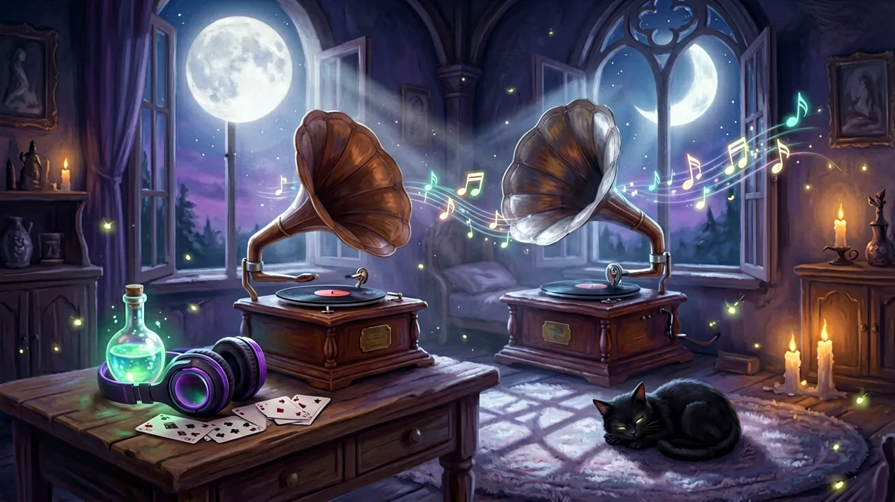 An antique gramophone and modern headphones resting on a desk next to potions and Nokturna cards under the moonlight.