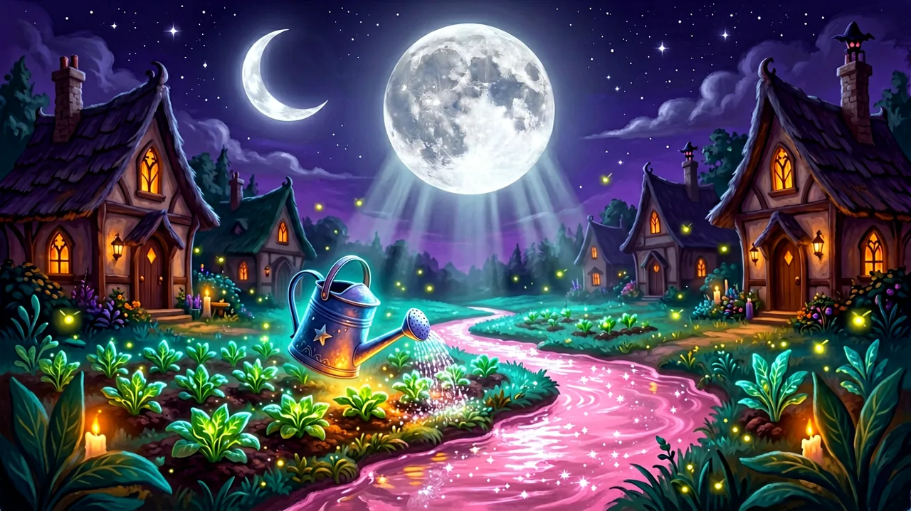 A cozy gothic magical farm beside a glowing pink stream at night.