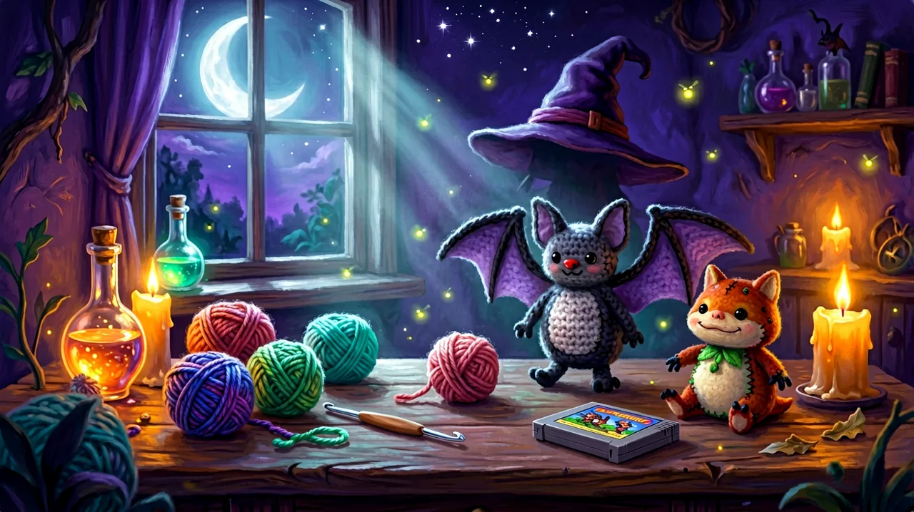 A cozy crafting desk with yarn, a crochet bat plush, and a physical game box illuminated by moonlight.