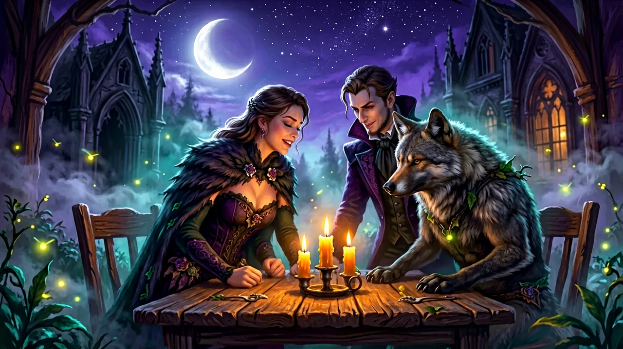 A cozy gothic scene showing multiple supernatural characters engaged in a dramatic, dimly lit romantic interaction.