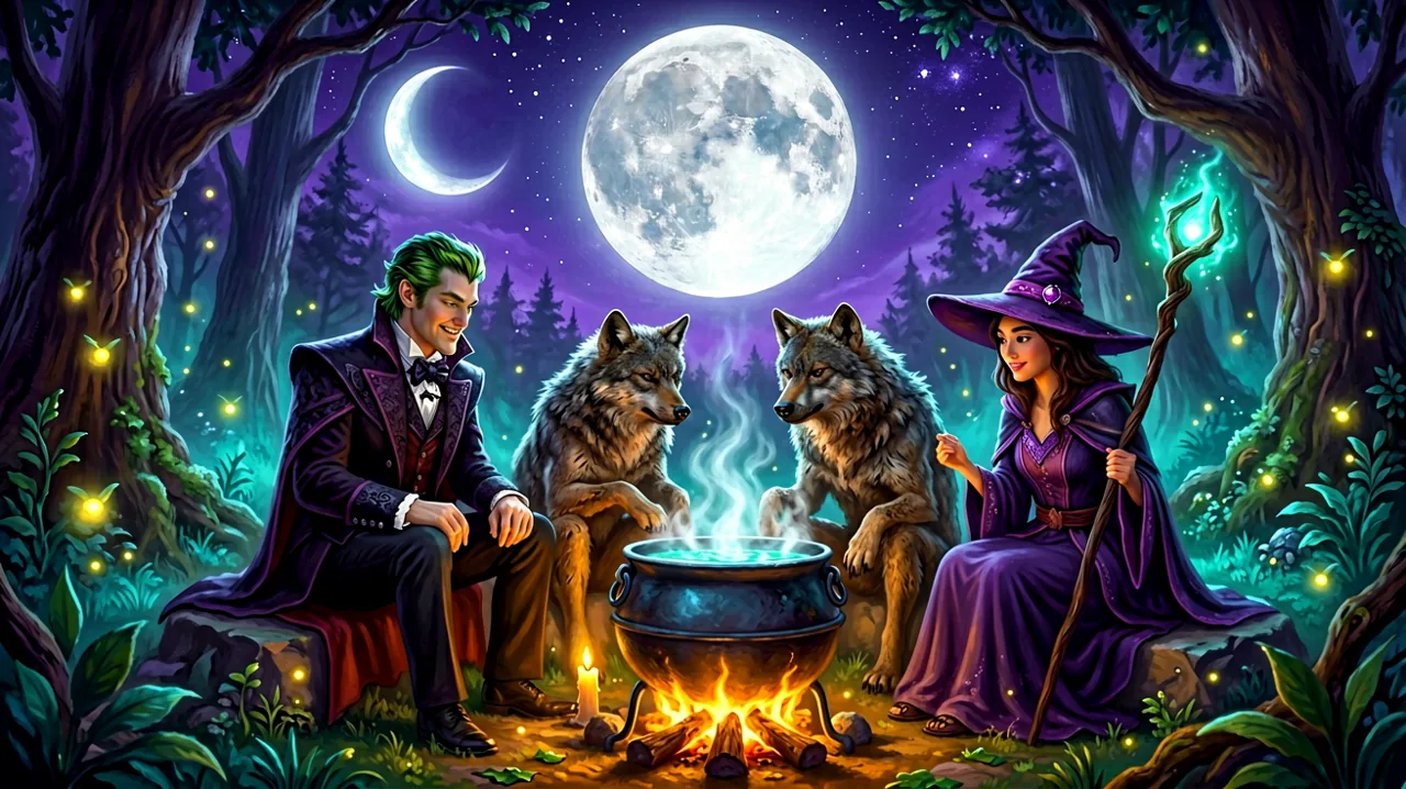 A cozy gothic illustration of diverse supernatural characters chatting under the moonlight.