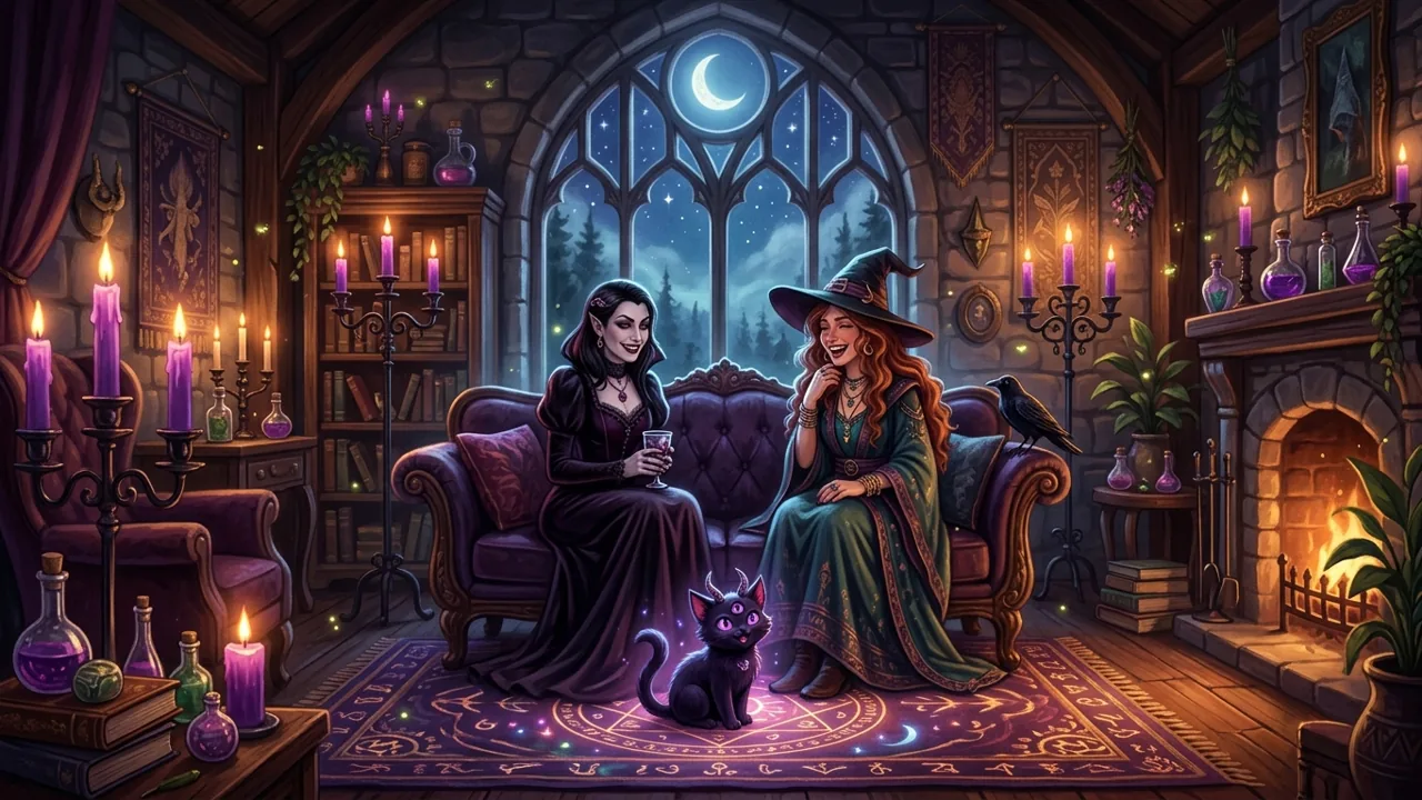 A cozy gothic living room at night featuring a player character vampire and a witch looking at a three-eyed hellcat.