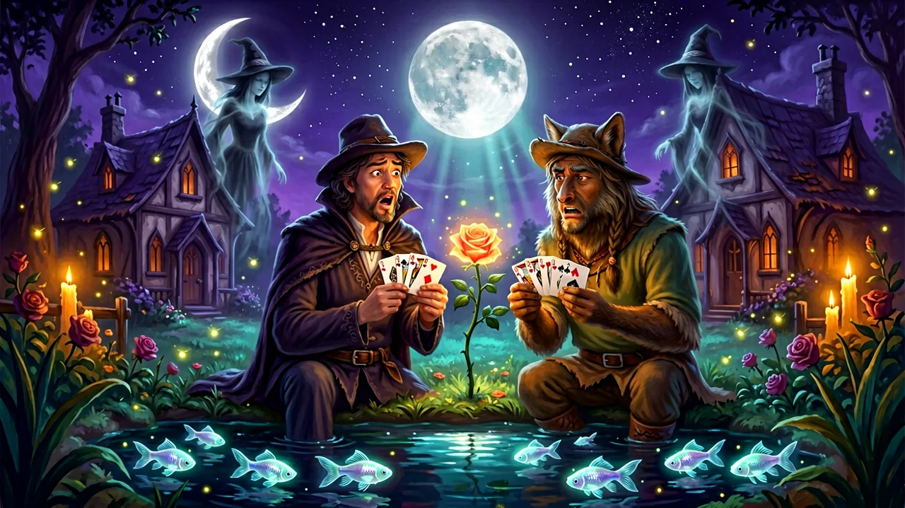 A cozy gothic farm at night featuring vampires and werewolves playing cards near a pond filled with glowing spectral fish.