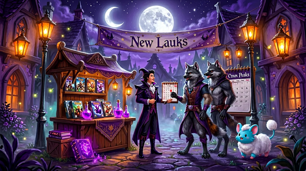 A cozy gothic town square celebrating a game launch under a full moon with magical elements.