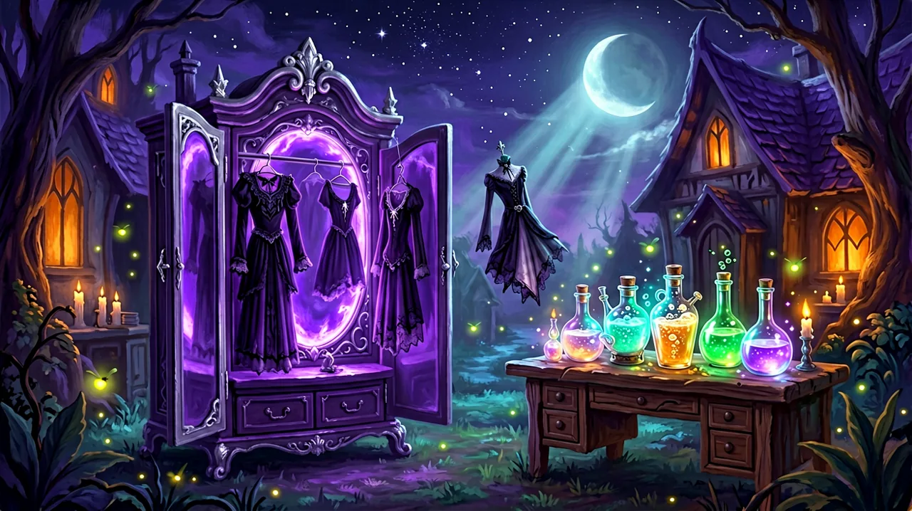 A cozy gothic wardrobe mirror glowing with magical light next to an alchemy table with bubbling potions.