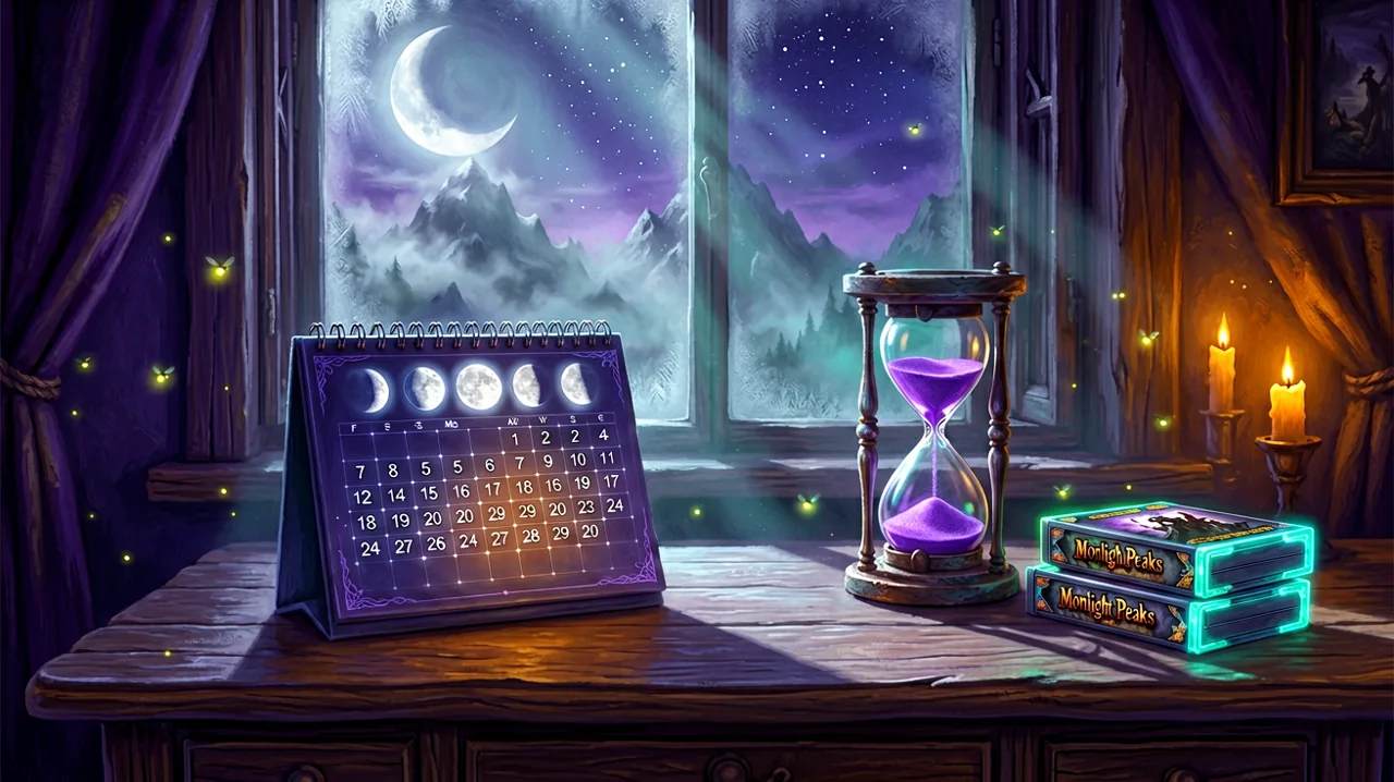 A glowing magical calendar showing the phases of the moon next to an hourglass and a stack of boxed game cartridges on a wooden desk.