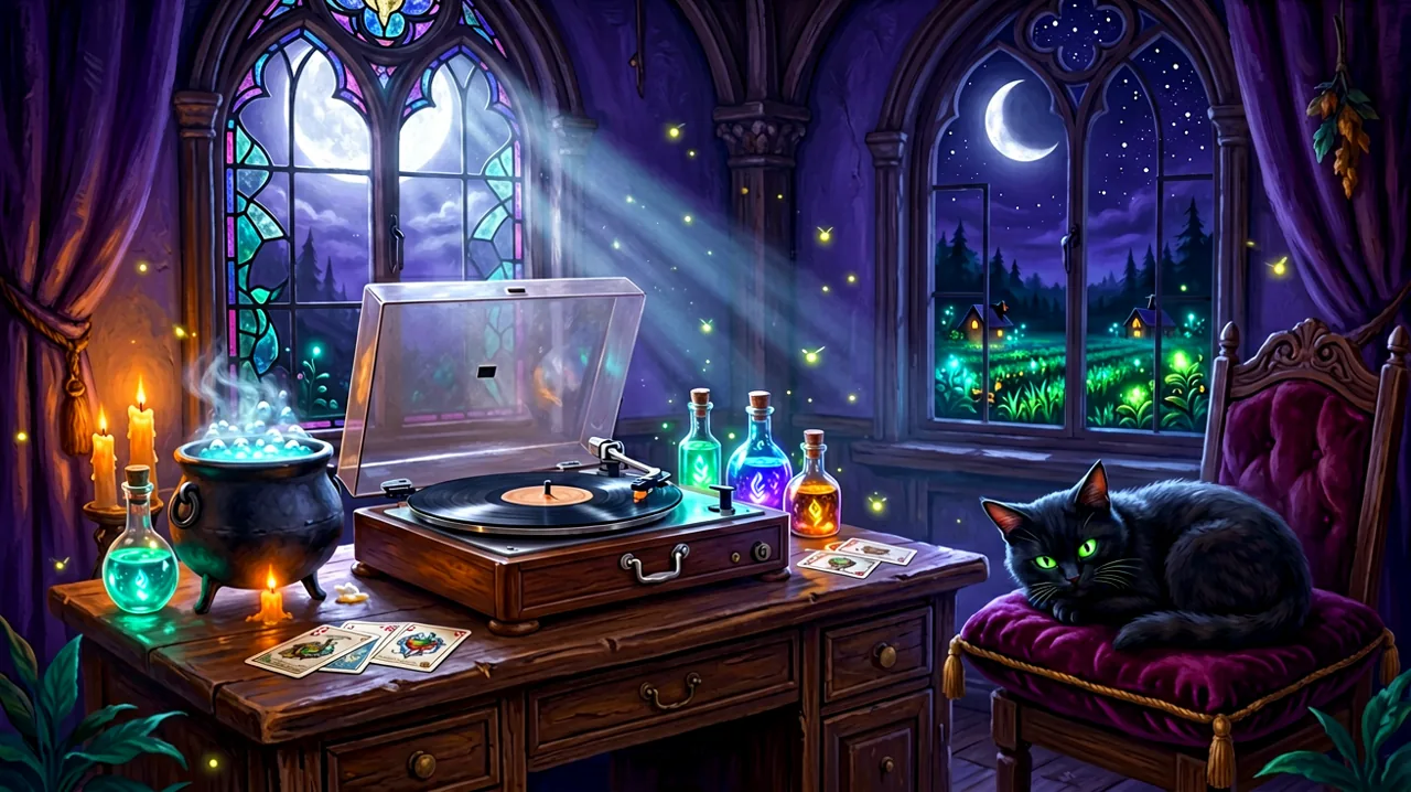 A vintage record player spinning next to glowing potion bottles and a sleeping three-eyed hellcat.