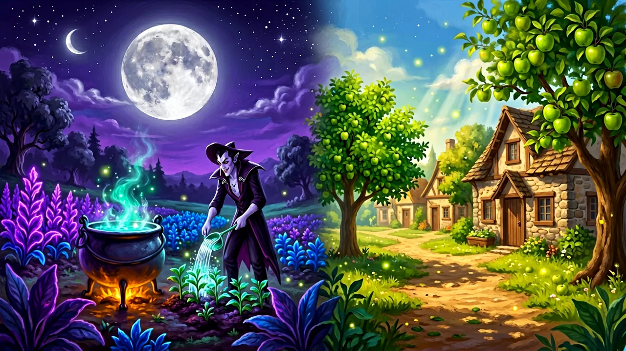 A split scene showcasing a glowing nighttime farm on the left and a rustic daytime fairy-tale village on the right.