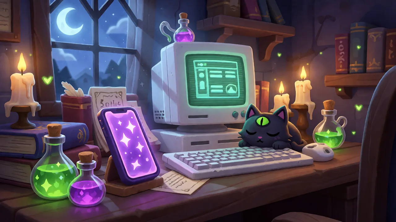 A cozy gothic night scene featuring a glowing smartphone and a classic PC monitor on a wooden witch's desk, surrounded by glowing potion bottles.