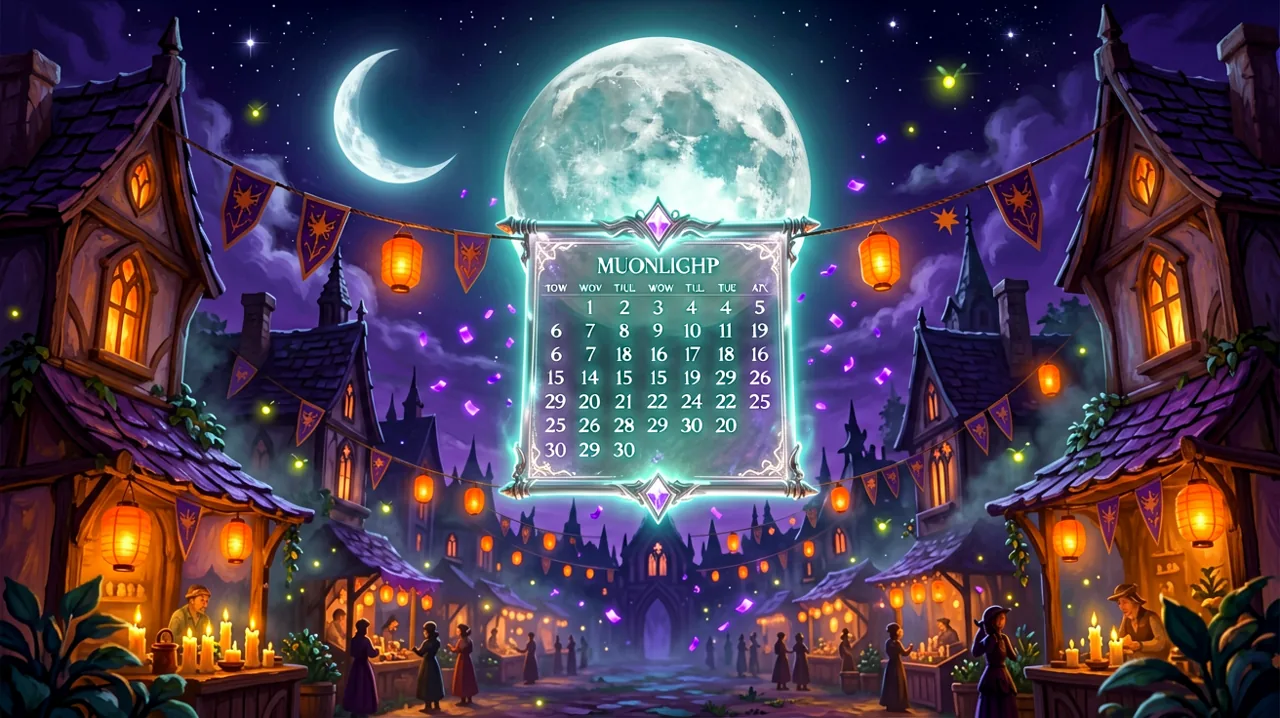 A glowing lunar calendar hanging above a festive night market, celebrating the new update.