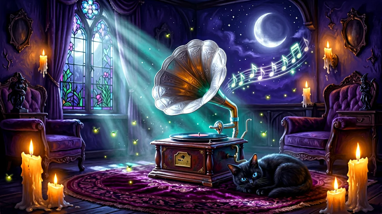 A vintage magical gramophone playing in a cozy vampire living room under moonlight.
