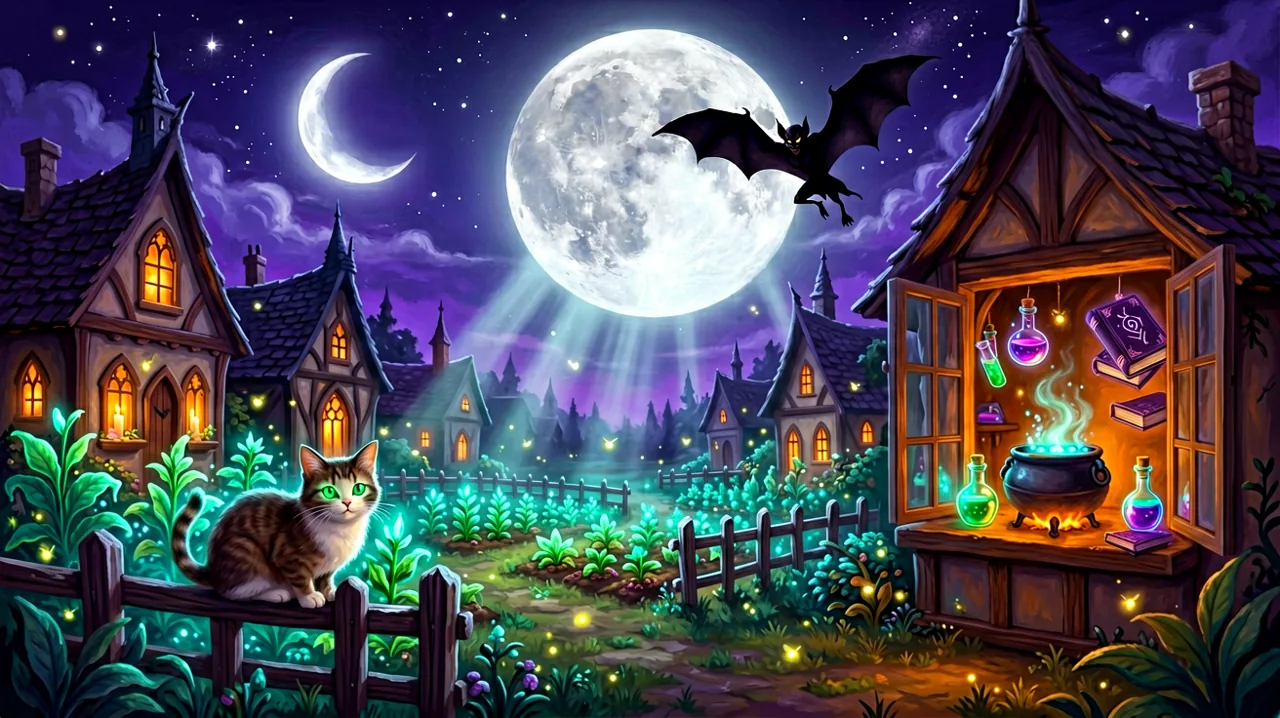 A cozy gothic night scene featuring a magical farm and a bubbling witch cauldron under a full moon.