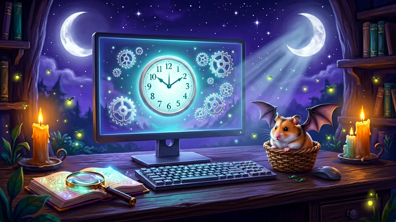 A cozy gothic computer desk bathed in moonlight with magical items scattered around