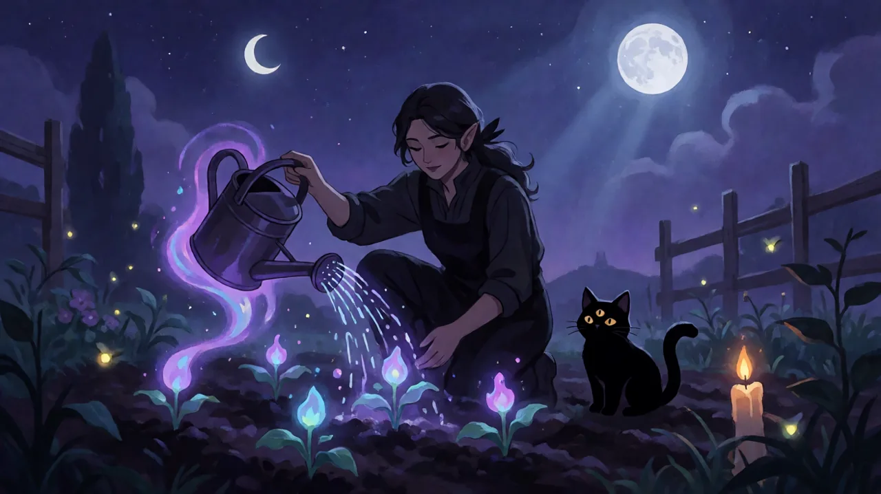 Original cozy-gothic art of a vampire farmer watering glowing magical crops under a bright full moon.