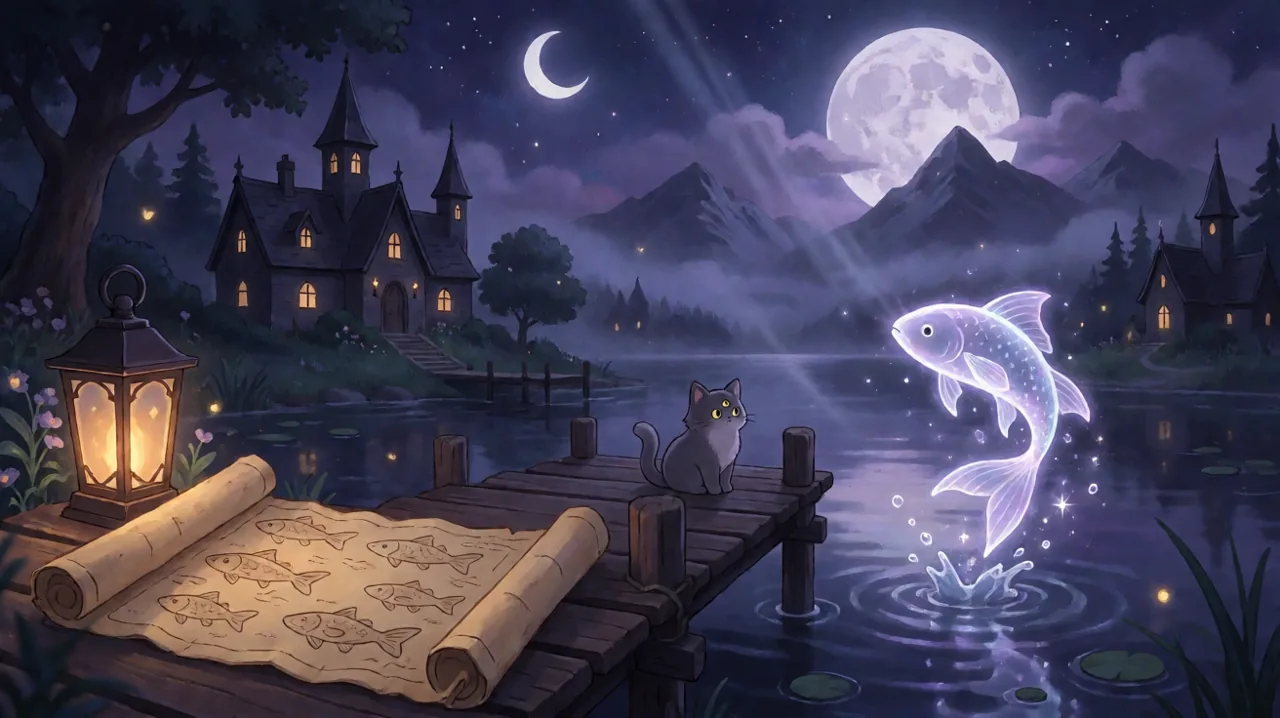 A glowing magical fish leaping out of a dark lake at night, with a hand-drawn fish chart resting on a moonlit wooden pier alongside a three-eyed hellcat.