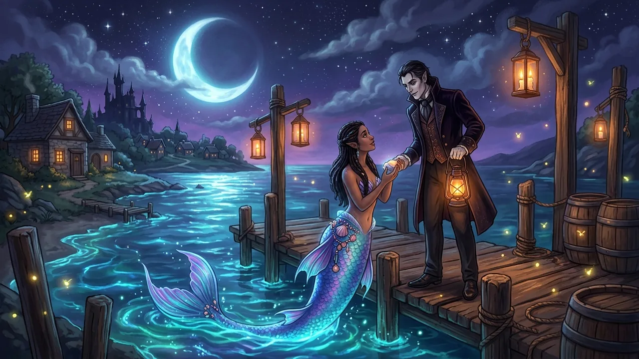 A glowing moonlit bay where a mermaid and a vampire meet at a wooden dock at night.