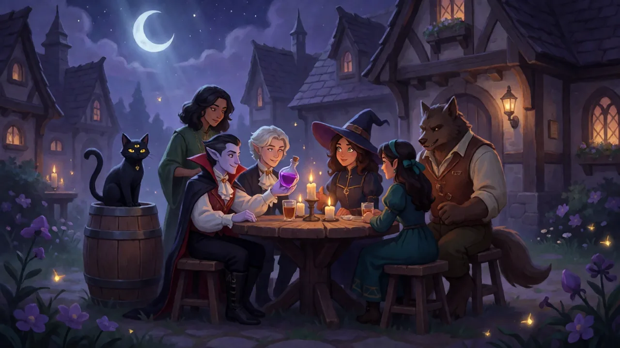 Supernatural residents gathering outside a gothic tavern under the moonlight