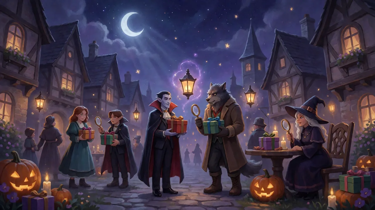 Supernatural characters gathered in a gothic town square at night, exchanging wrapped gifts and holding magnifying glasses.