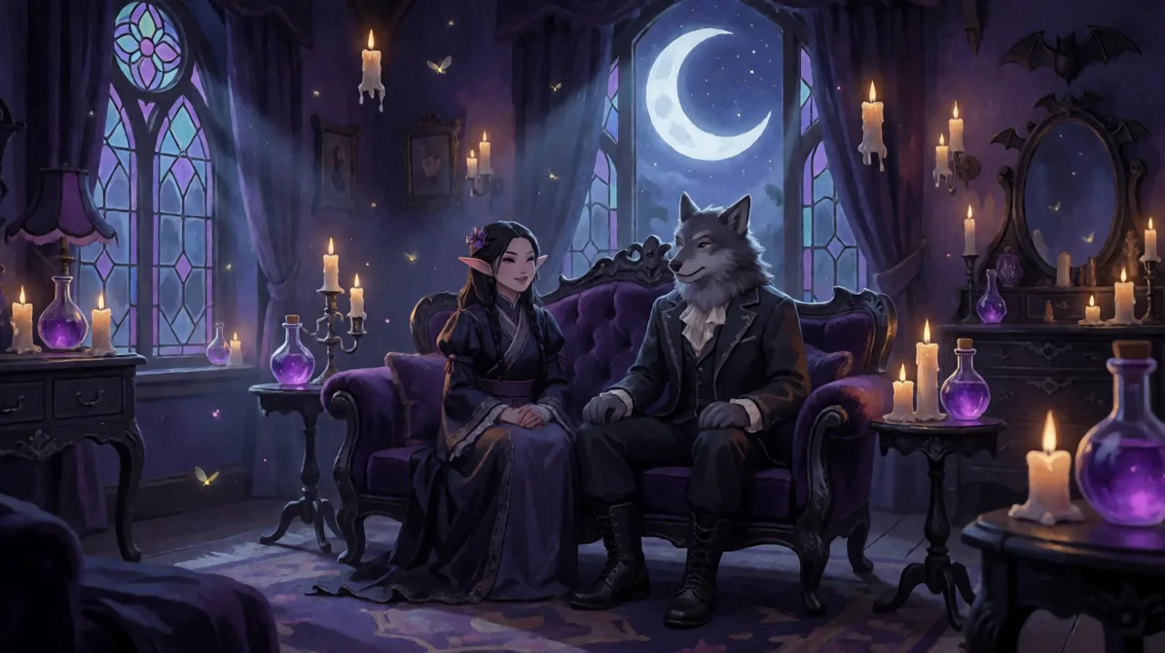 A highly customized cozy gothic bedroom interior at night, with a vampire and werewolf character sitting together