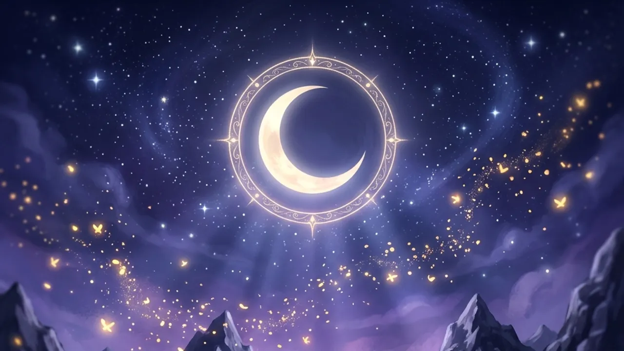 A celebratory night sky over the peaks with a glowing circled crescent moon and drifting golden sparks.