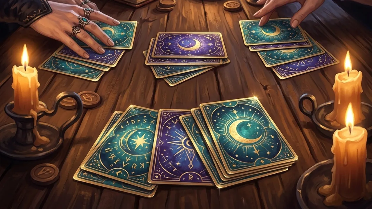 An ornate fantasy card game laid out on a candlelit tavern table at night with moon-and-star card backs.