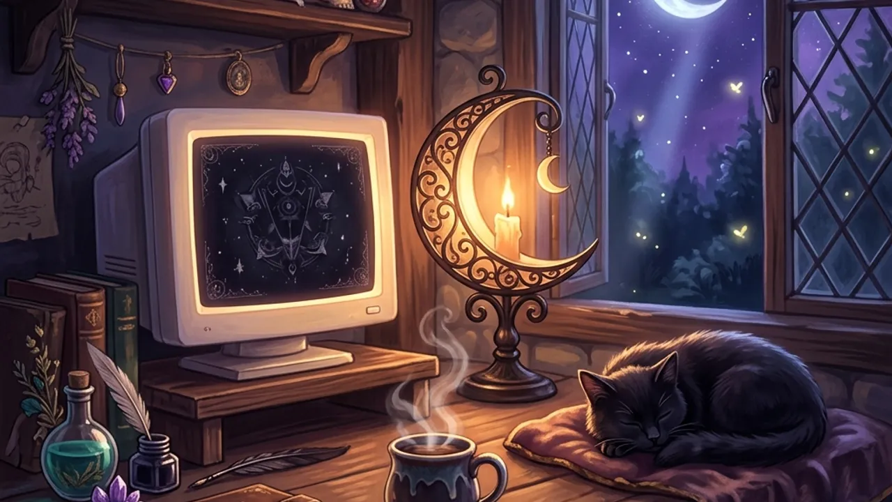 A cozy gothic desk with a glowing computer screen, a crescent-moon lamp, a mug and a curled black cat.