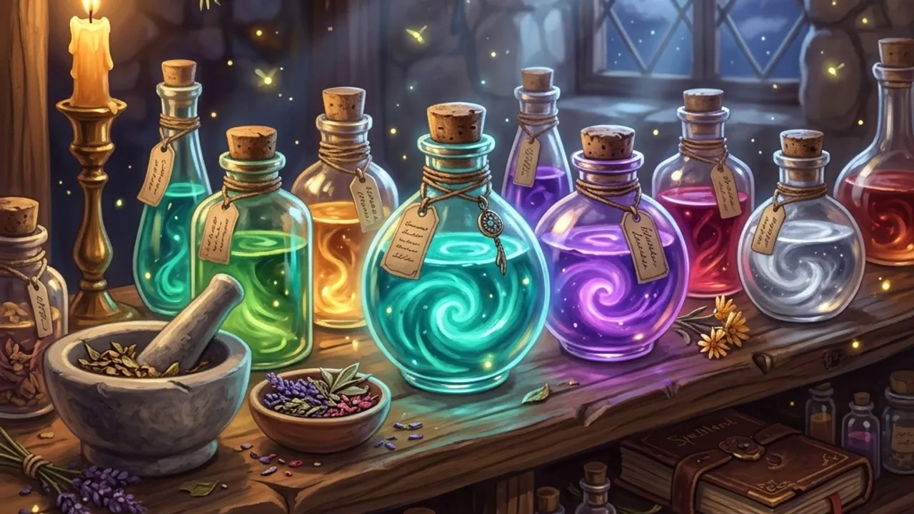 Glowing corked potion bottles in jewel tones on a rustic candlelit shelf with herbs and a mortar.