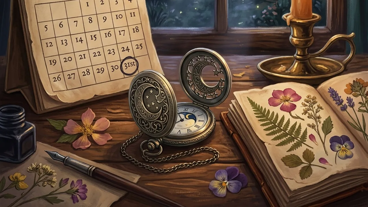 An antique calendar with a single circled night, a candle and a crescent-moon pocket watch on a dark desk.