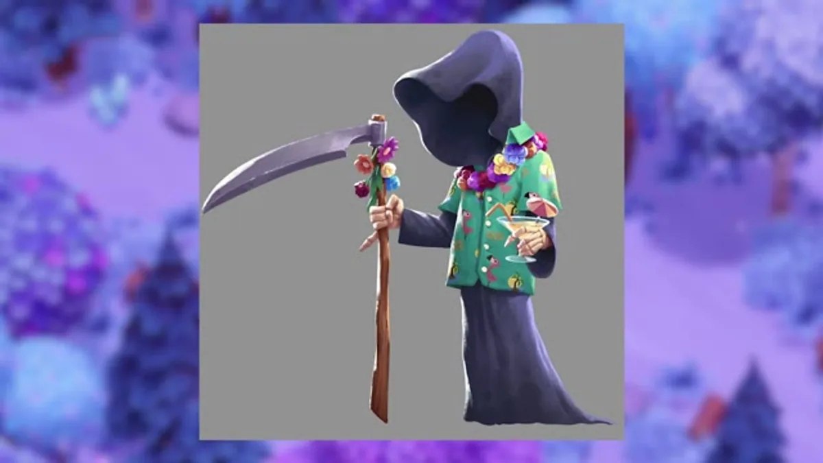 Death in his floral vacation shirt as shown in a Moonlight Peaks romance overview video.