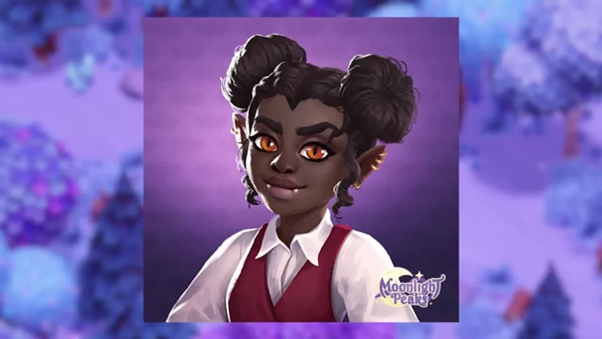 Elvira's character portrait shown during a Moonlight Peaks romance overview video.
