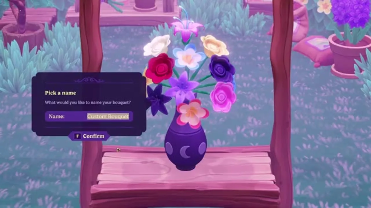 A completed Flower Arranging bouquet in Moonlight Peaks, the creative activity documented for Mina's date.