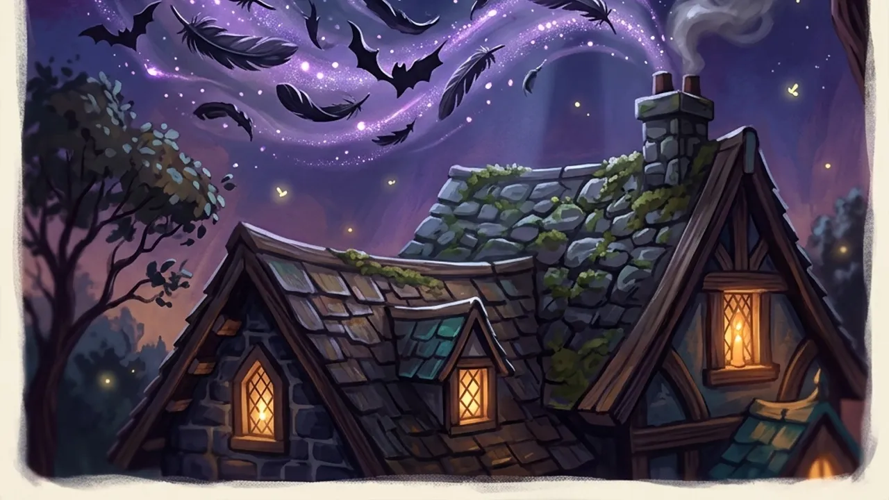 A swirl of bats and dark feathers dispersing into the night sky above a moonlit rooftop.
