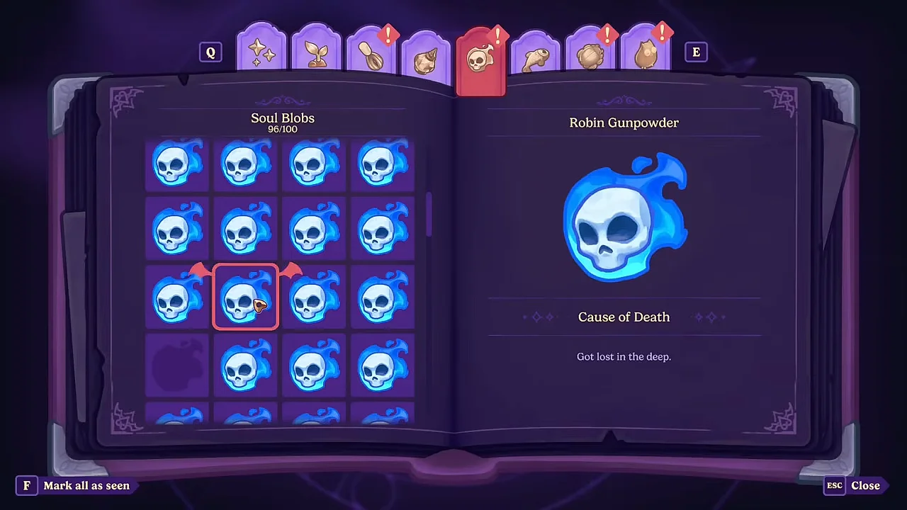 The Soul Blobs page of the Almanac at 96/100, showing the collected blue skull-souls and one soul's cause of death — the game's running gag.