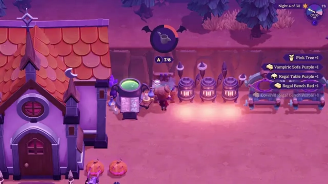 Casting magic around the cottage — spells light up the ground as they reshape your farm.