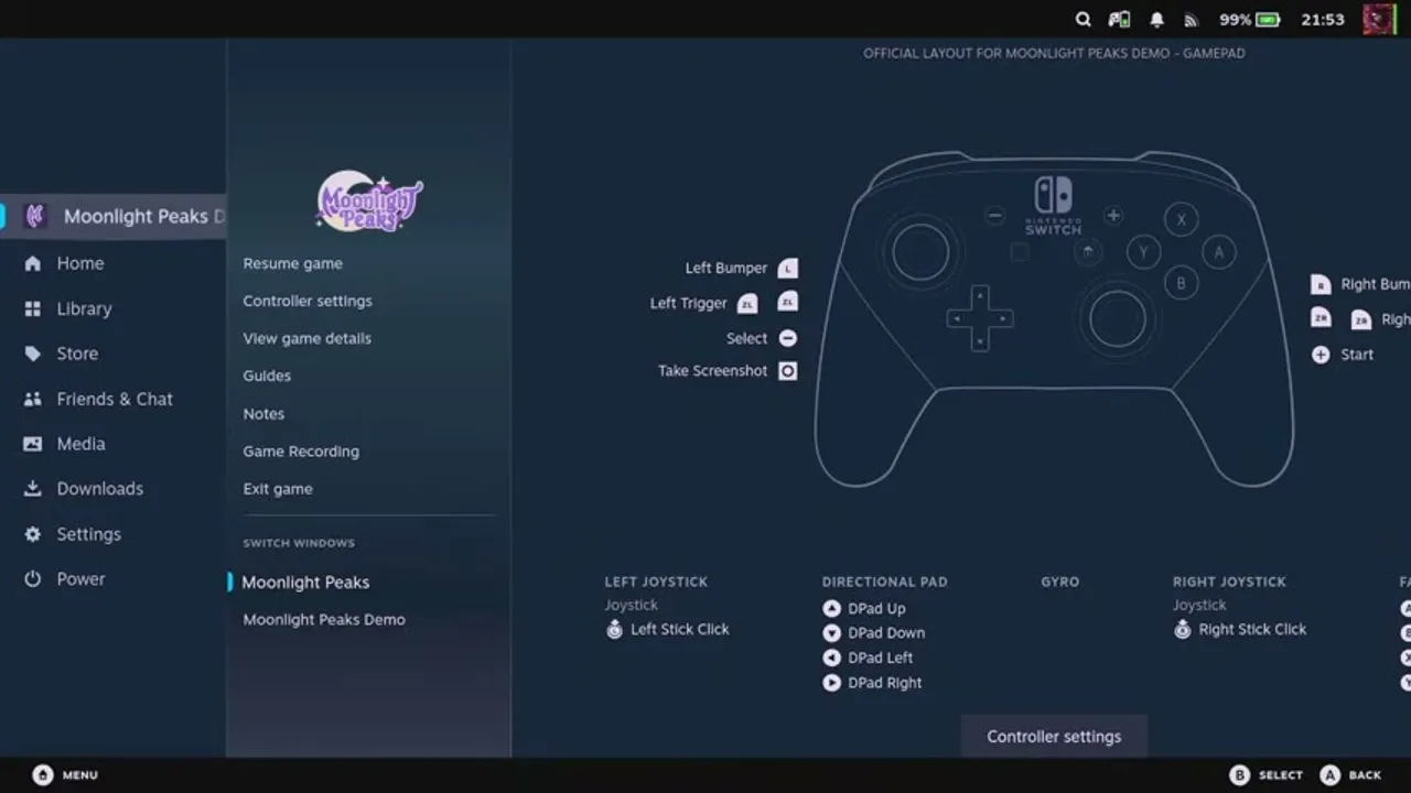 The official Steam gamepad layout for Moonlight Peaks, mapping the game's tools and actions to a controller.