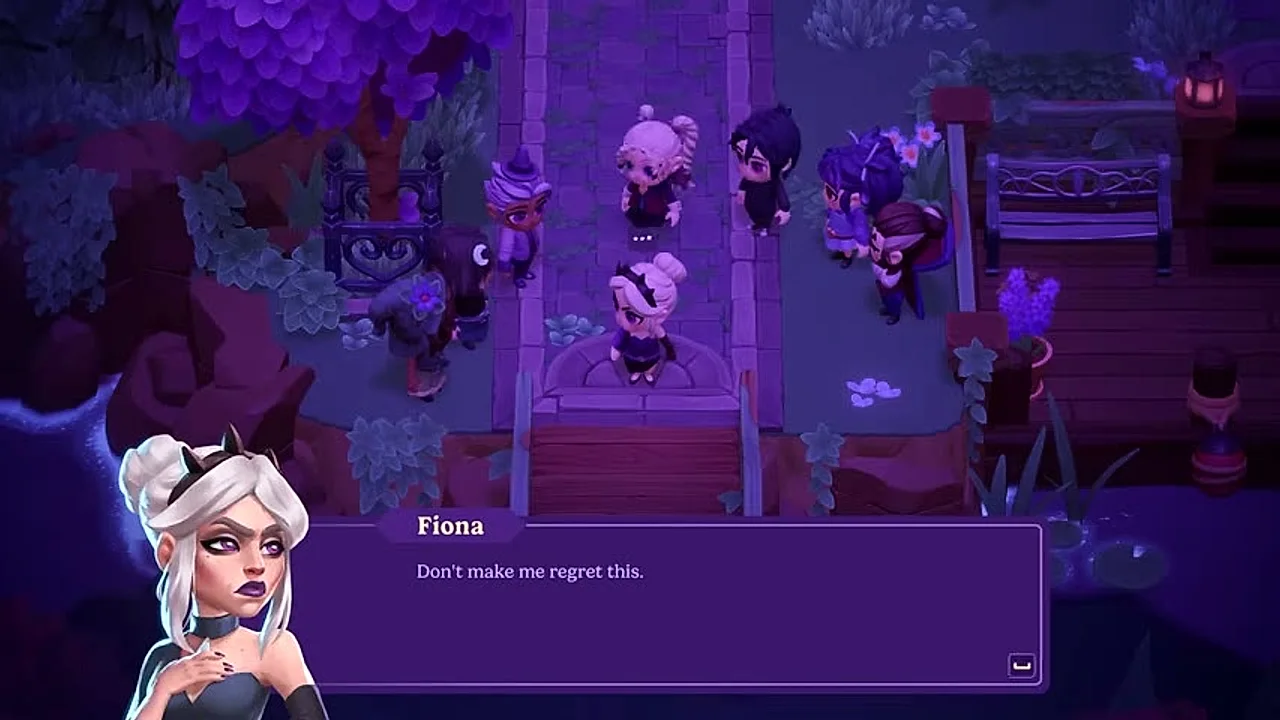 Fiona and the residents gather at the cursed bridge to lift the hex during the A Bridge Too Far quest in Moonlight Peaks.