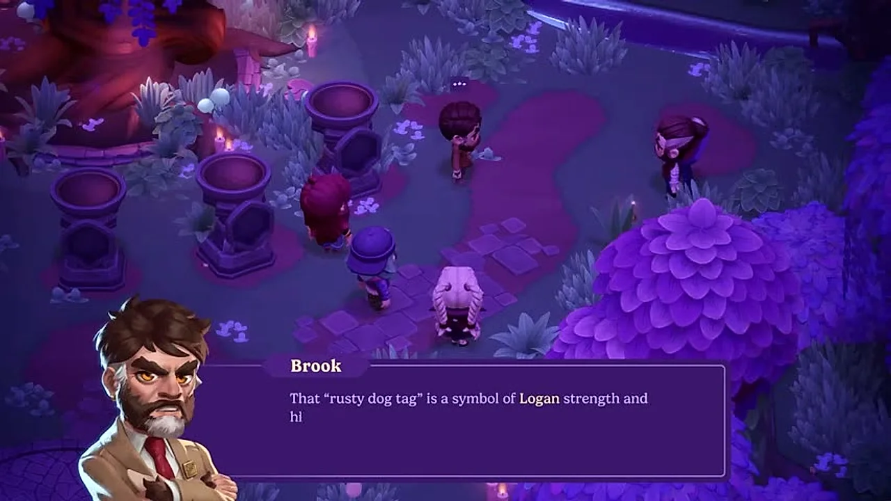 Brook confronts the group in the Crest Garden about the missing Logan Crest during the Tension in Crest Garden quest in Moonlight Peaks.