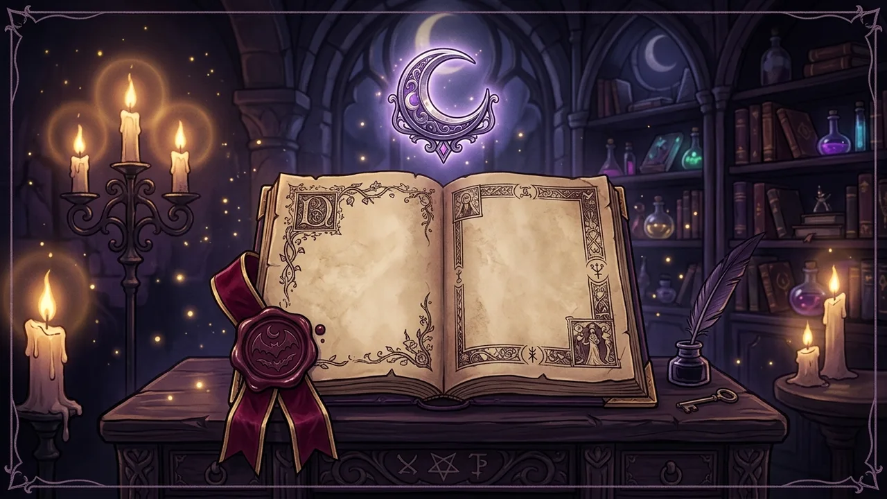 An open quest journal beside a wax-sealed scroll under a glowing crescent-moon crest, in the cosy-gothic style of Moonlight Peaks.