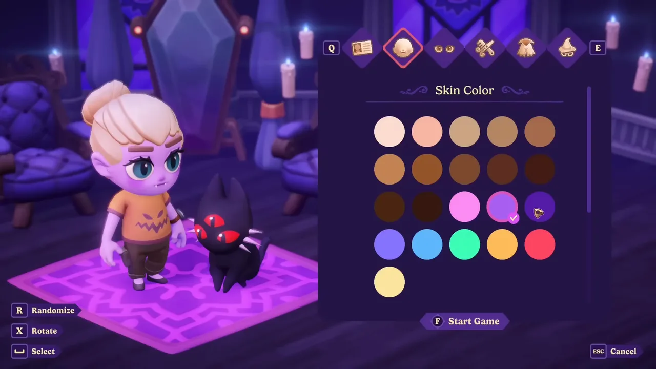 The Moonlight Peaks character creator, showing a chibi vampire and a three-eyed Hell Kitten.