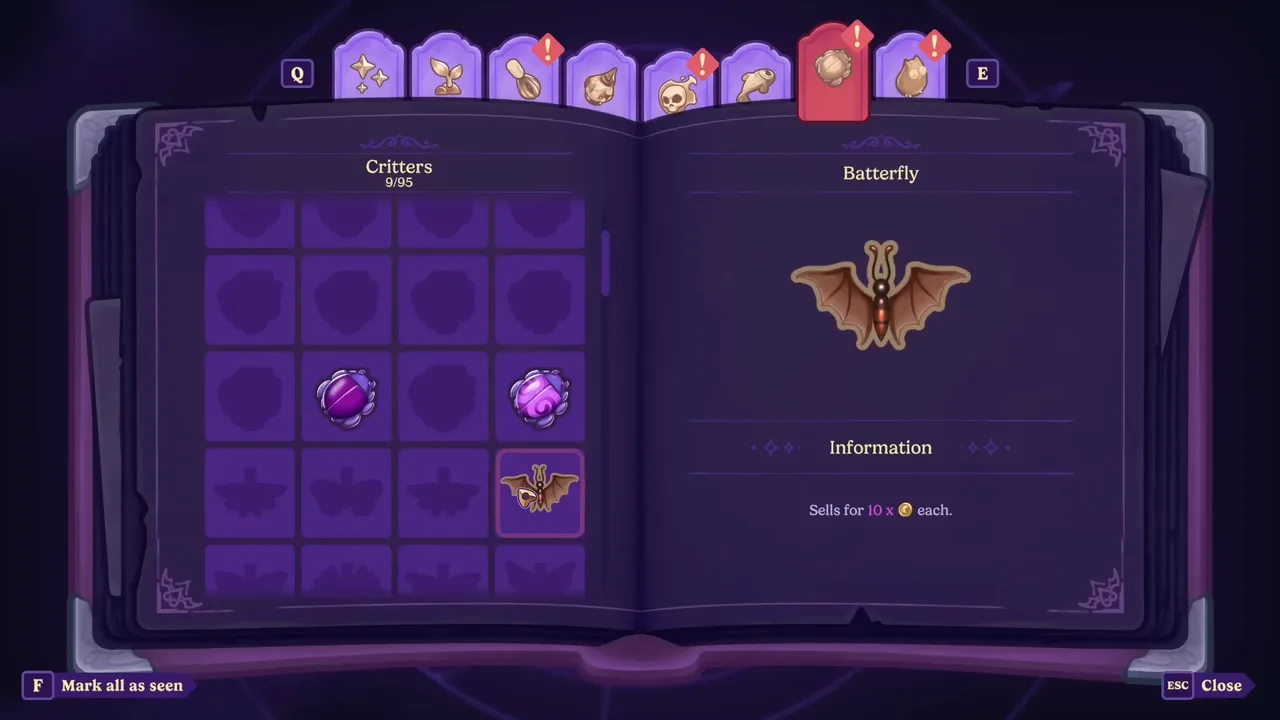 A creature-collection book in Moonlight Peaks tracking the critters and bats you've found around the world.