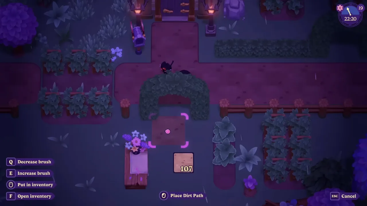 Placing a dirt path in Moonlight Peaks' top-down decorate mode, with brush-size controls shown on screen.
