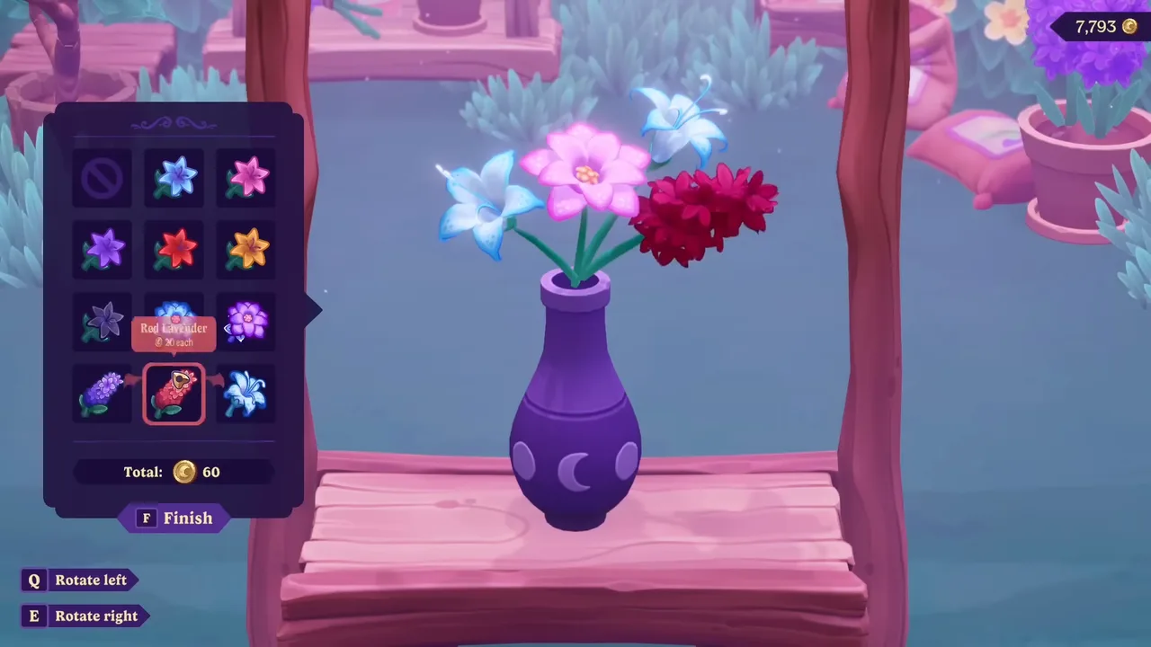The flower-arranging mini-game in Moonlight Peaks, building a custom bouquet in a vase from a palette of flowers.