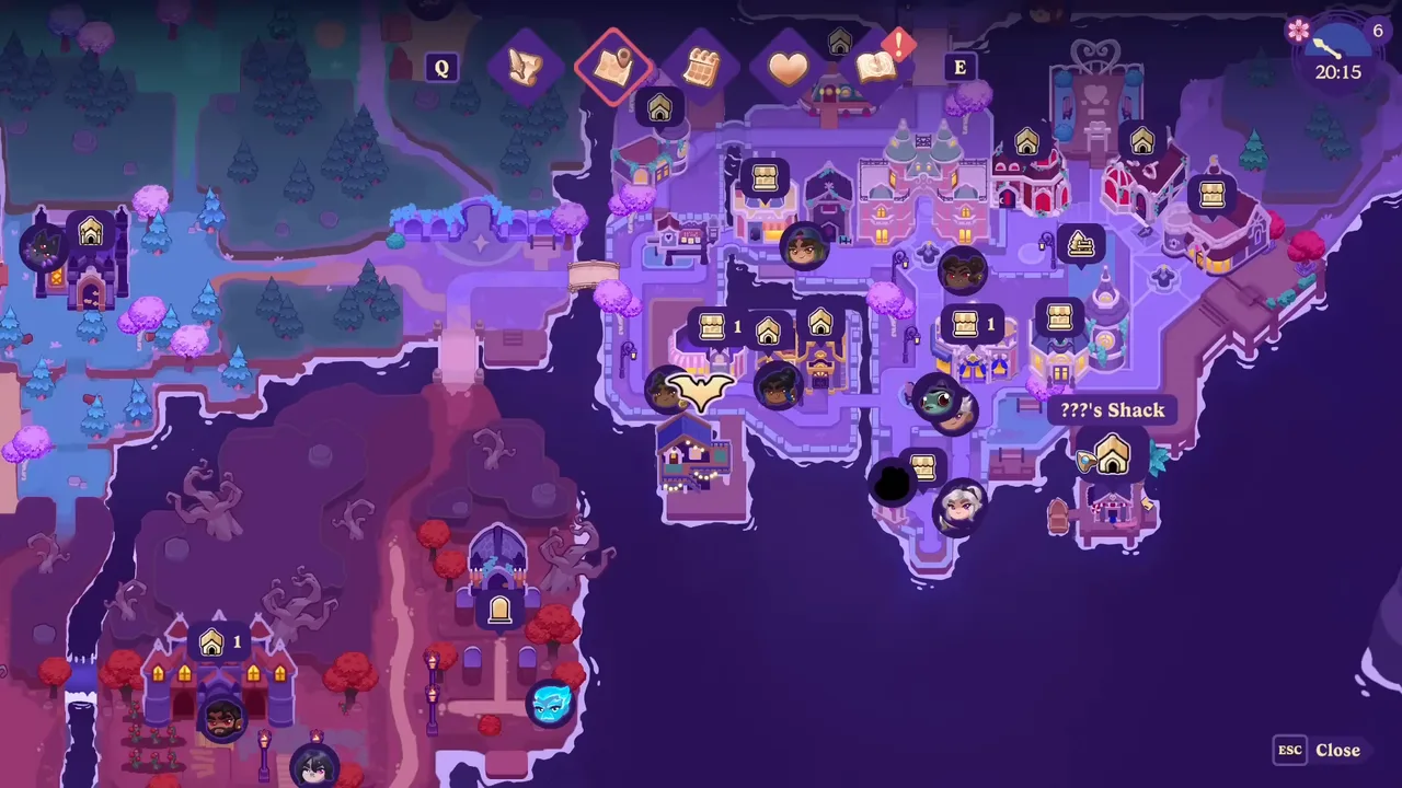 The Moonlight Peaks world map, showing the location of every character, shop and point of interest.