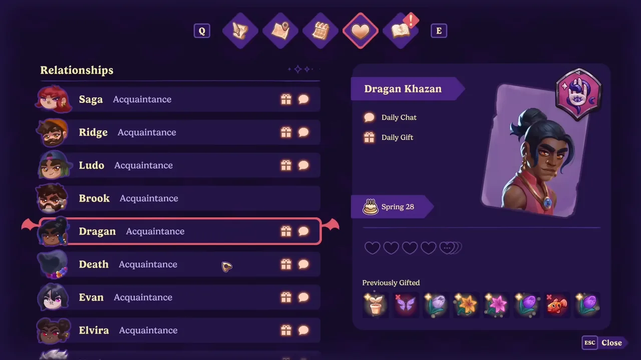 The relationships screen in Moonlight Peaks, listing residents with heart levels and a record of recently gifted items.