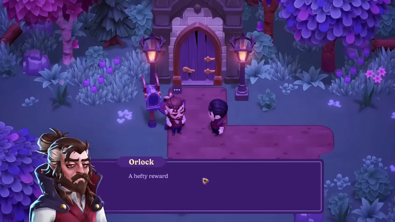 A nighttime dialogue scene in Moonlight Peaks, where relationship conversations and story quests begin.