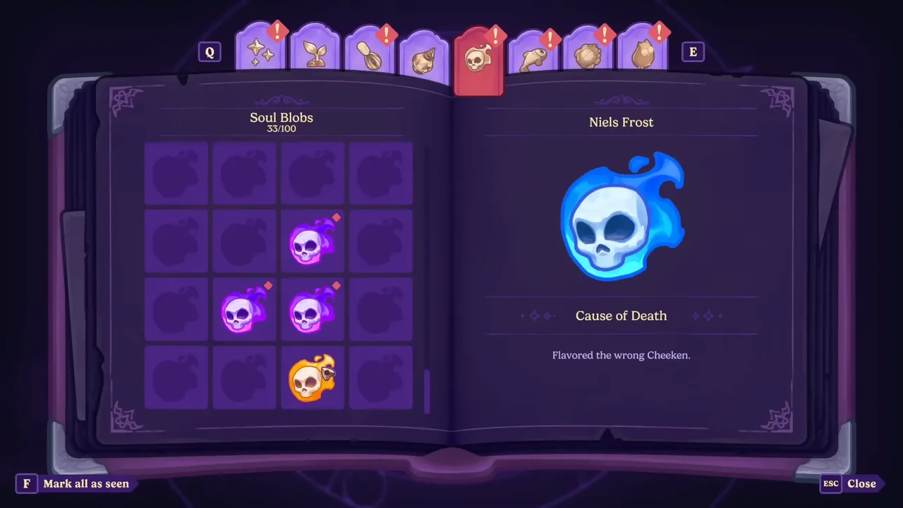 The soul-blob collection book in Moonlight Peaks, each captured soul logged with a silly cause of death.
